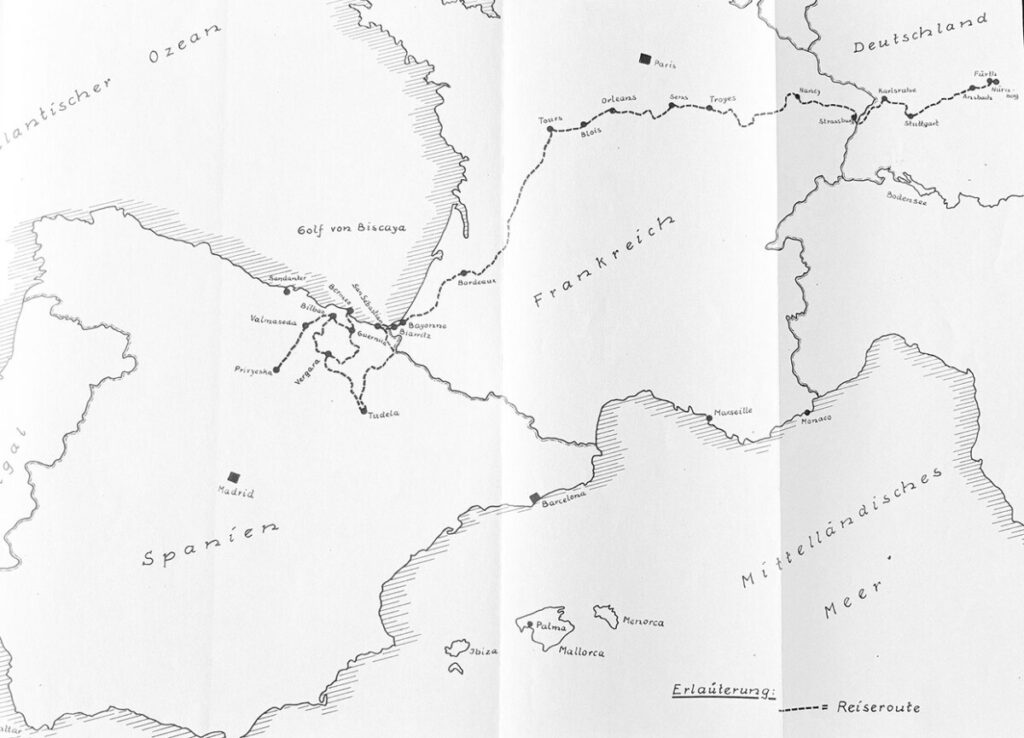 Die Reiseroute des TSV Burgfarrnbach nach Spanien im Dezember 1955